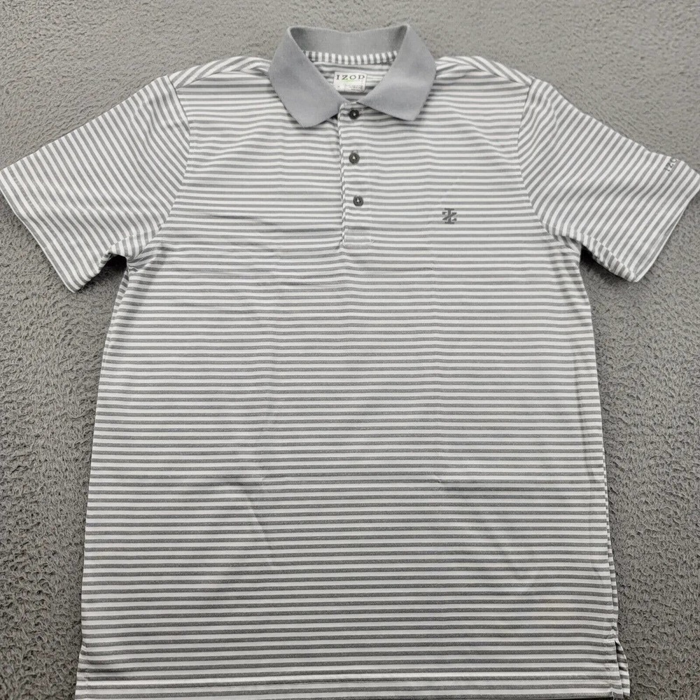 IZOD Shirt Mens Medium White Striped Golf Polo‎ Outdoor Casual Collared Logo
